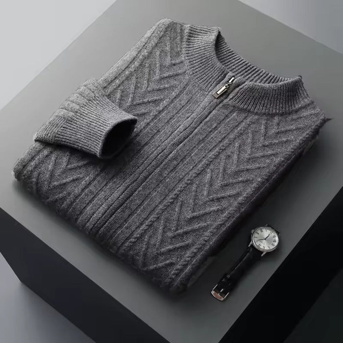 Men's Cable-Knit Zip-Up Cardigan with Ribbed Collar