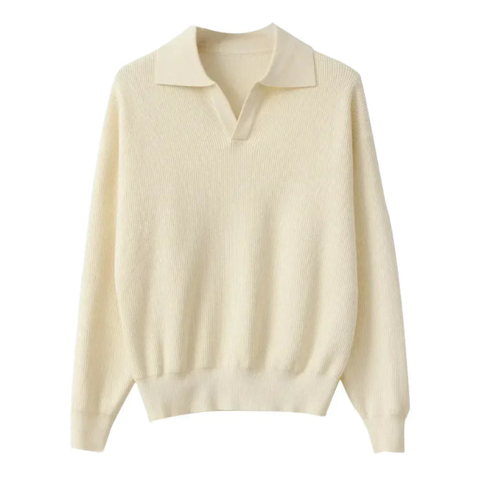 Men's Ribbed V-Neck Polo Sweater with Long Sleeves