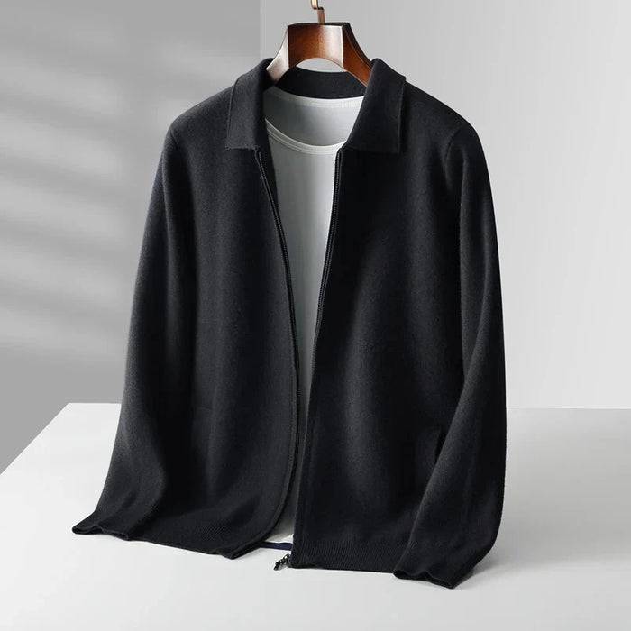 Men's Zip-Up Cardigan with Ribbed Cuffs and Collar