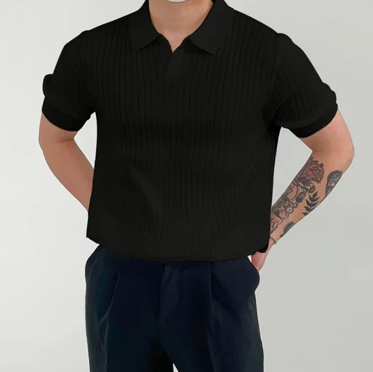 Men's Ribbed Knit Polo with Collar and Short Sleeves