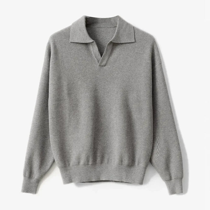 Men's Ribbed V-Neck Polo Sweater with Long Sleeves