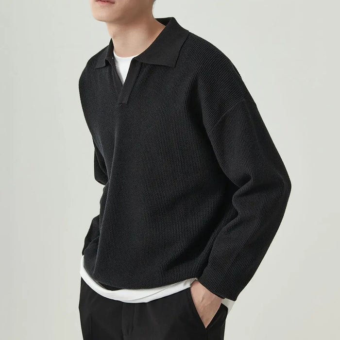 Men's Ribbed V-Neck Polo Sweater with Long Sleeves