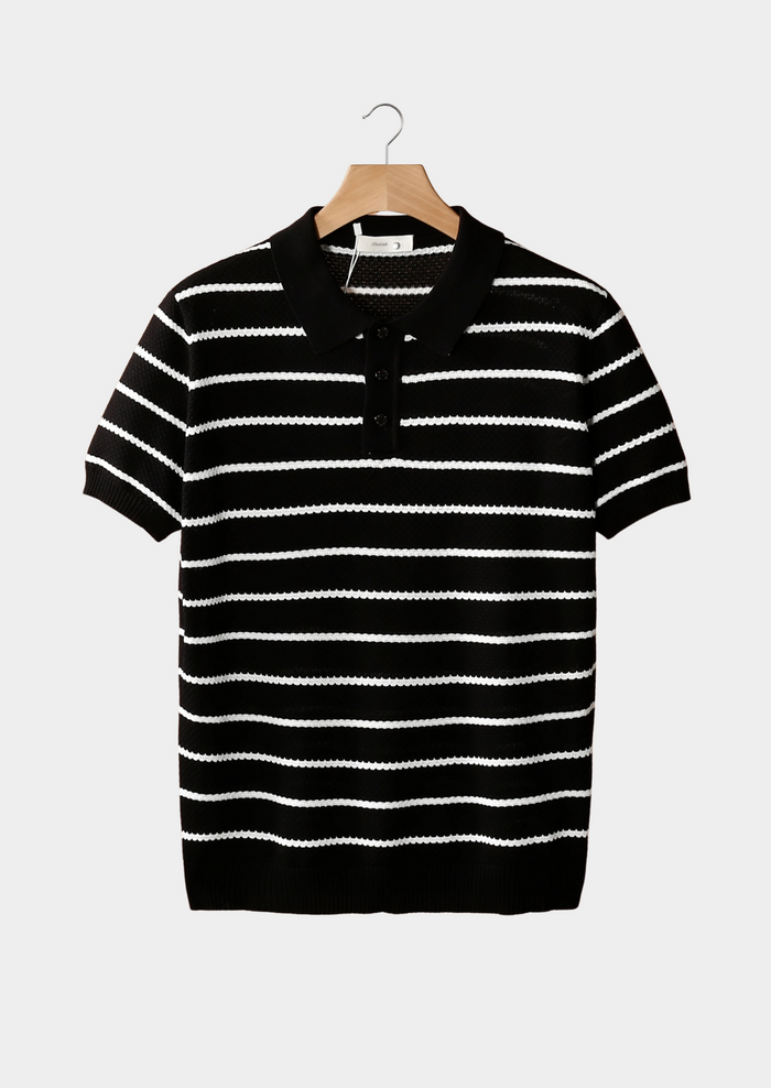 Men's Striped Button Polo with Textured Waffle Knit