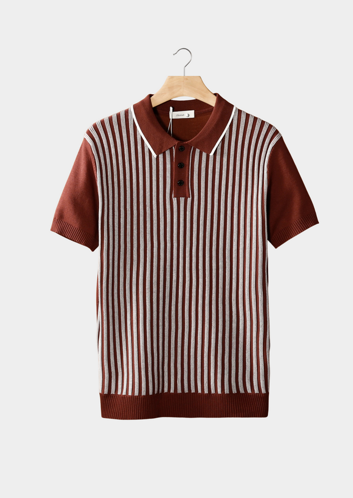 Men's Striped Polo with Button Placket and Ribbed Trim