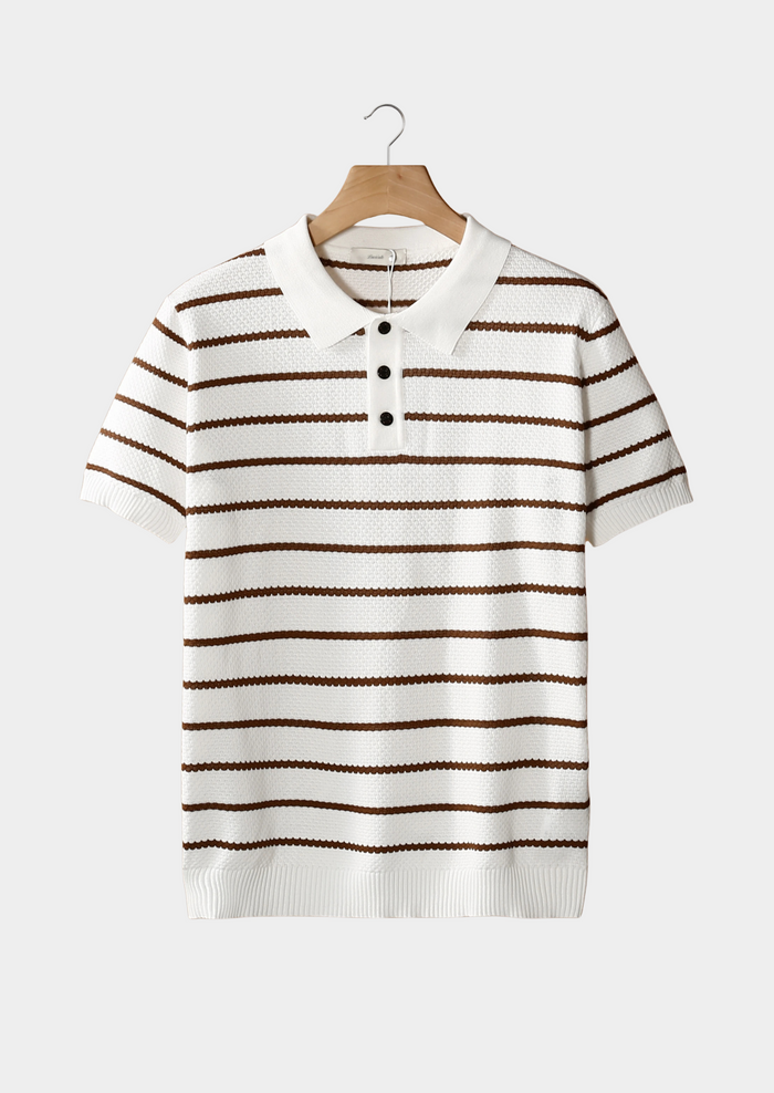 Men's Striped Button Polo with Textured Waffle Knit