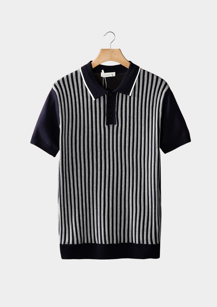 Men's Striped Polo with Button Placket and Ribbed Trim
