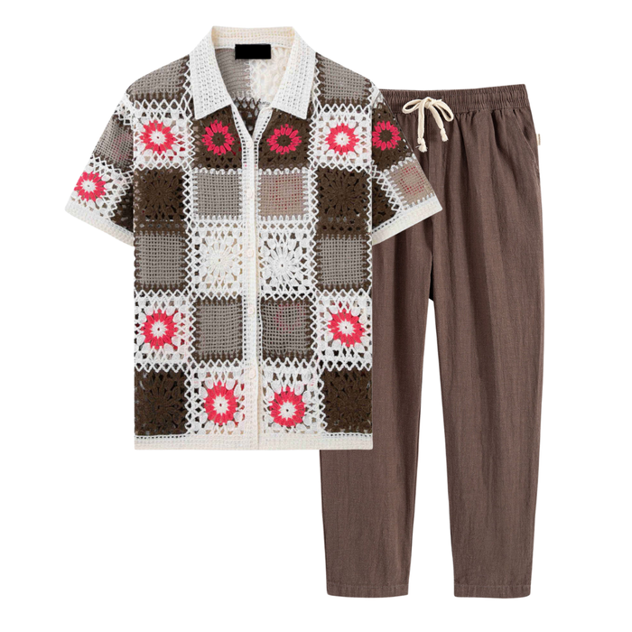 Men's Granny Square Shirt and Drawstring Pants Set