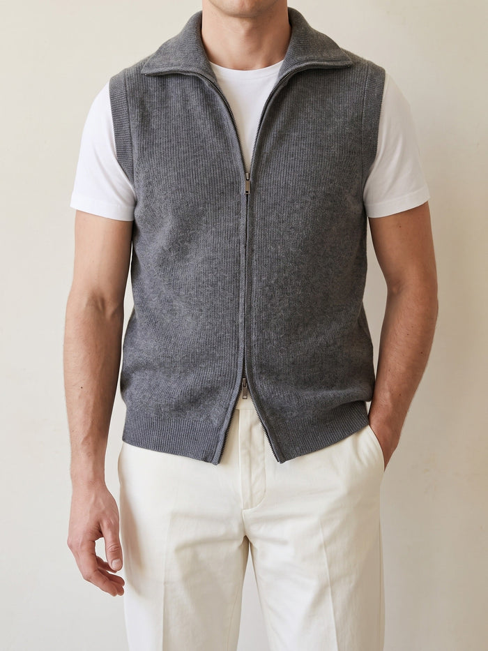 Men's Ribbed Zip-Up Vest with Collared Neck