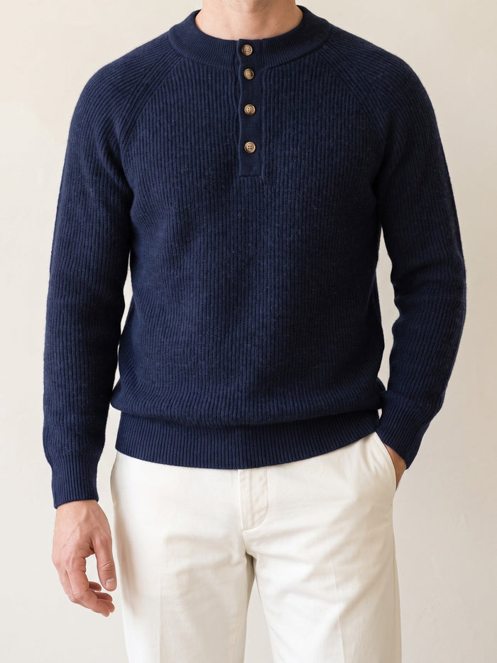 Men's Ribbed Henley Sweater with Button Placket