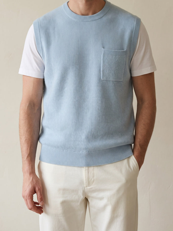 Men's Sleeveless Knit Vest with Crew Neck and Chest Pocket