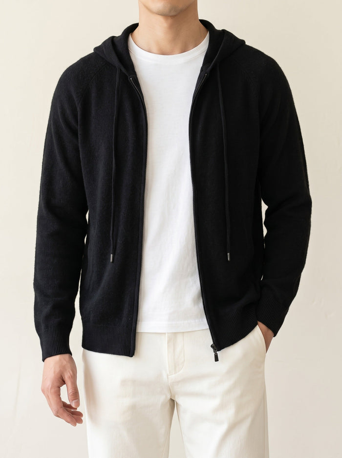 Men's Hooded Zip Cardigan with Ribbed Cuffs and Hem
