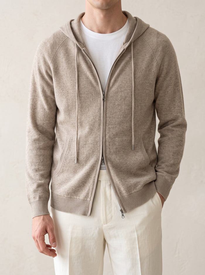 Men's Hooded Zip Cardigan with Ribbed Cuffs and Hem