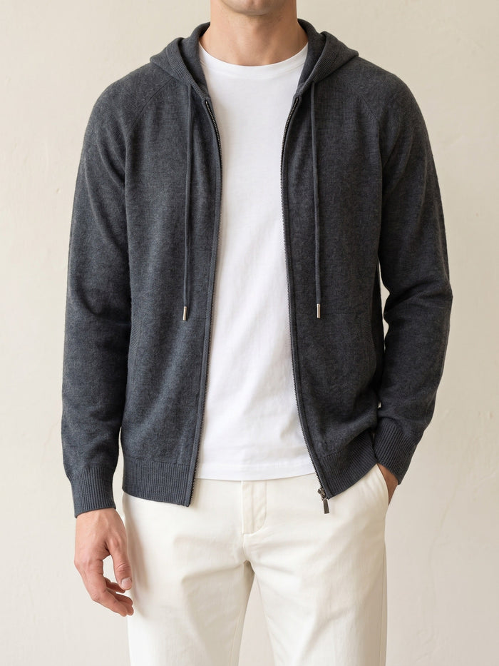 Men's Hooded Zip Cardigan with Ribbed Cuffs and Hem
