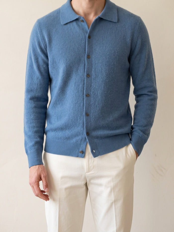 Men's Button-Front Polo Cardigan with Ribbed Collar