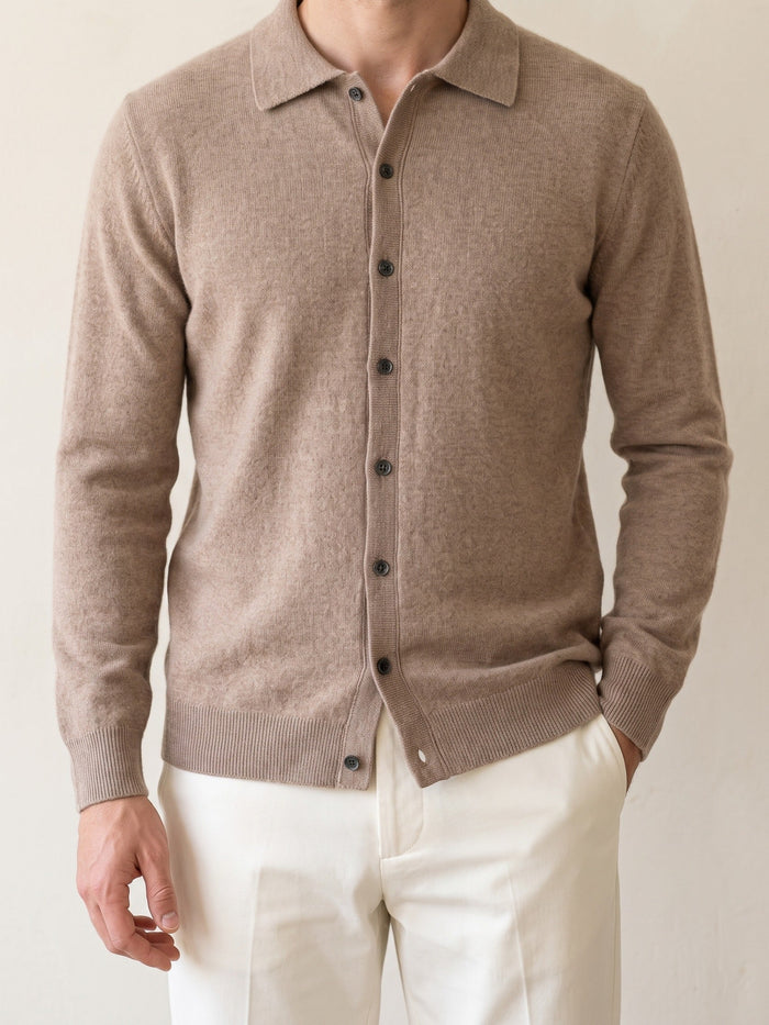 Men's Button-Front Polo Cardigan with Ribbed Collar