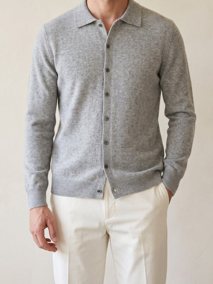Men's Button-Front Polo Cardigan with Ribbed Collar