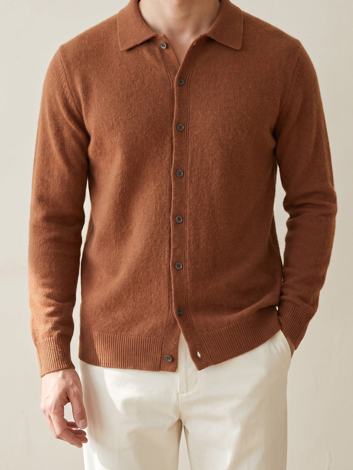 Men's Button-Front Polo Cardigan with Ribbed Collar