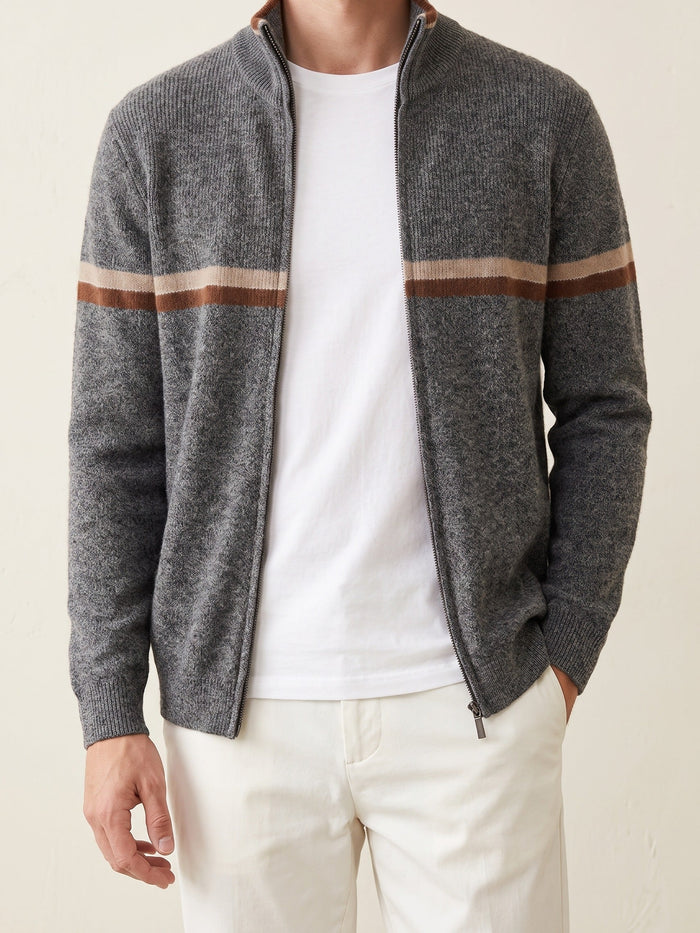 Men's Striped Zip Cardigan with Stand Collar