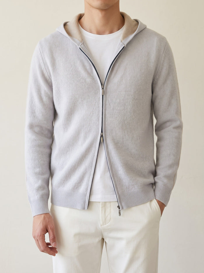 Men's Zip-Up Hooded Cardigan with Two-Tone Hood
