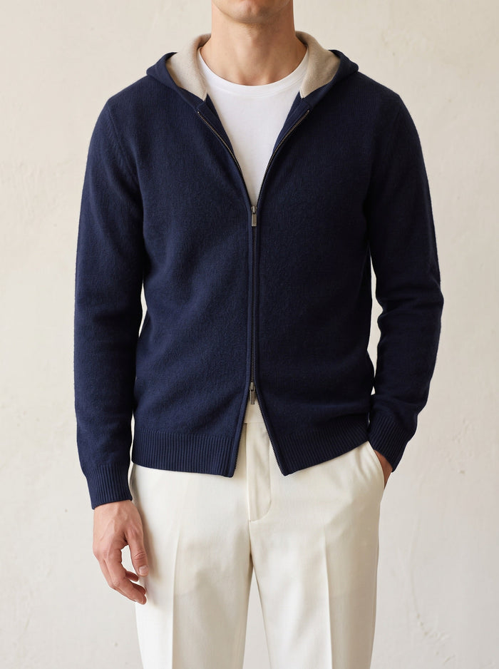Men's Zip-Up Hooded Cardigan with Two-Tone Hood