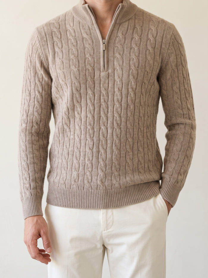 Men's Cable-Knit Half-Zip Sweater with Ribbed Collar