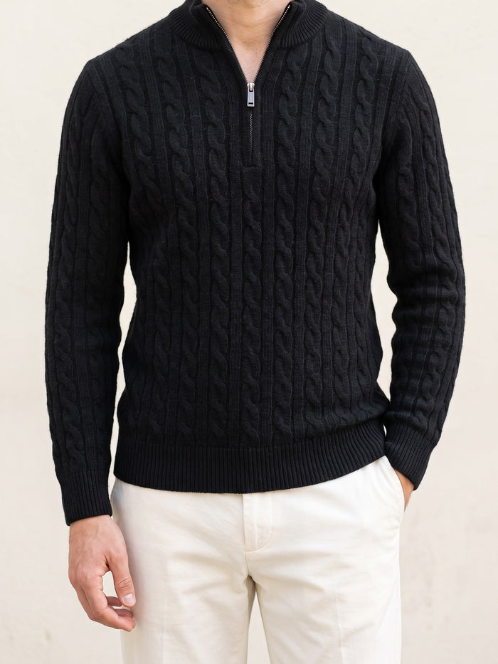 Men's Cable-Knit Half-Zip Sweater with Ribbed Collar