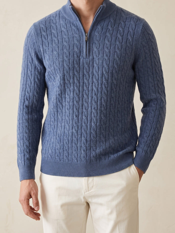 Men's Cable-Knit Half-Zip Sweater with Ribbed Collar