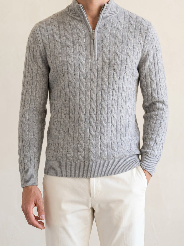 Men's Cable-Knit Half-Zip Sweater with Ribbed Collar