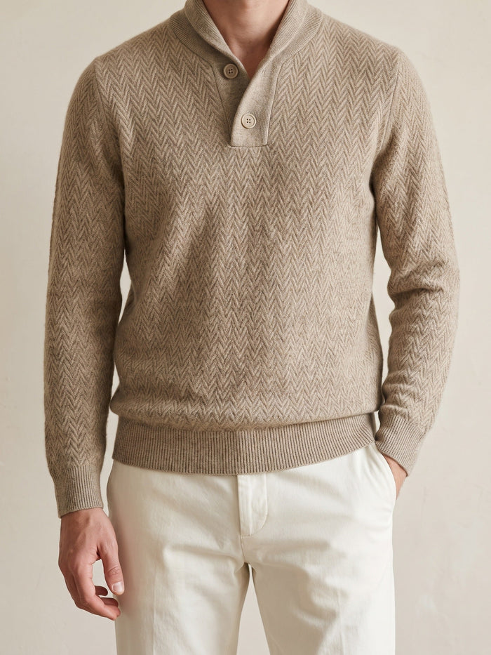Men's Herringbone Button-Up Sweater with Shawl Collar