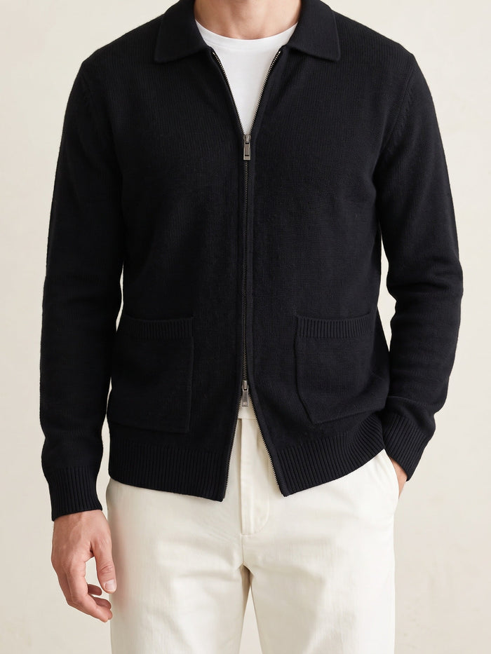 Men's Zip-Front Cardigan with Collar and Patch Pockets