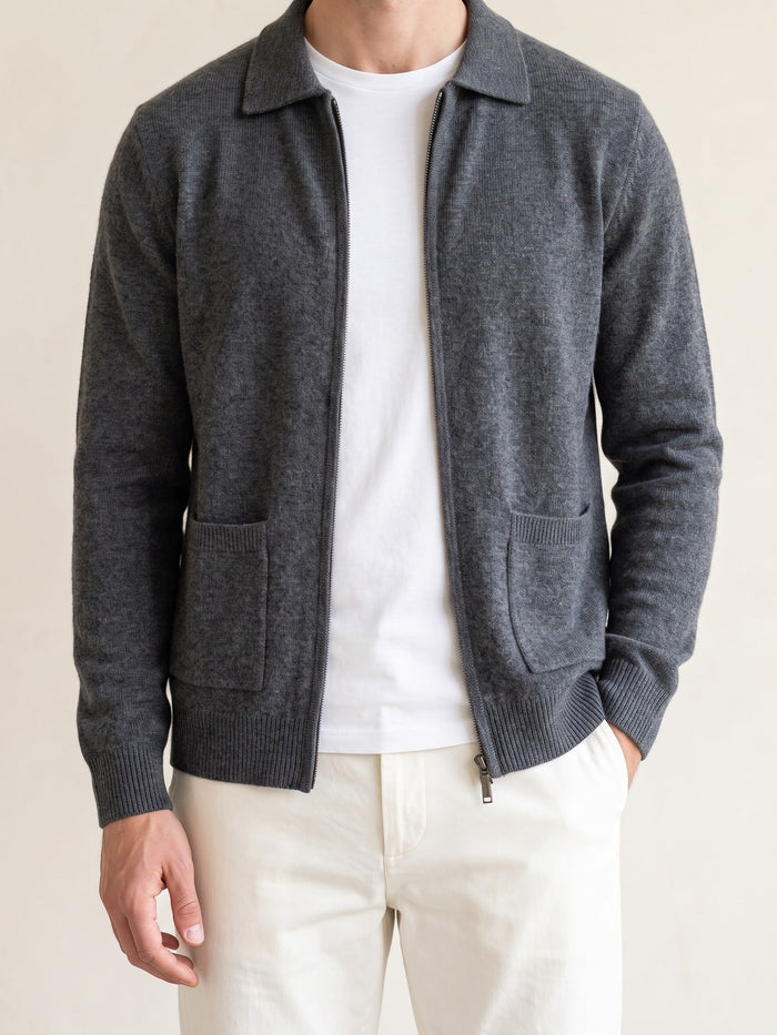 Men's Zip-Front Cardigan with Collar and Patch Pockets