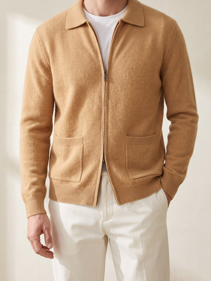 Men's Zip-Front Cardigan with Collar and Patch Pockets