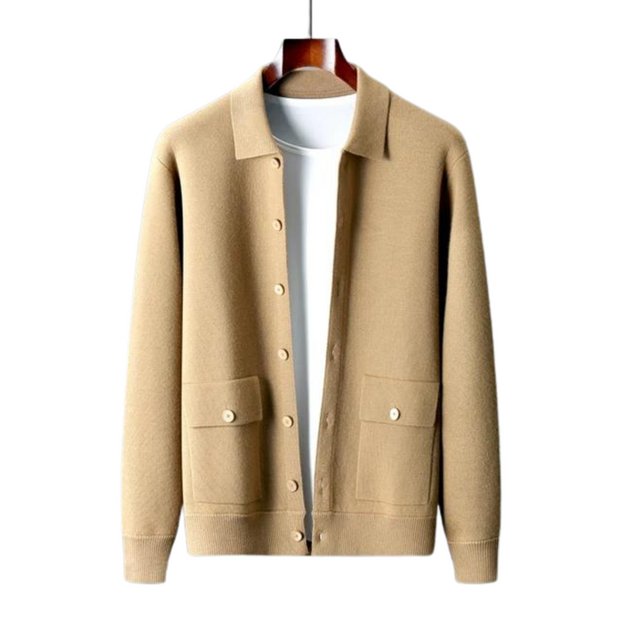 Men's Button-Front Cardigan with Ribbed Cuffs and Hem